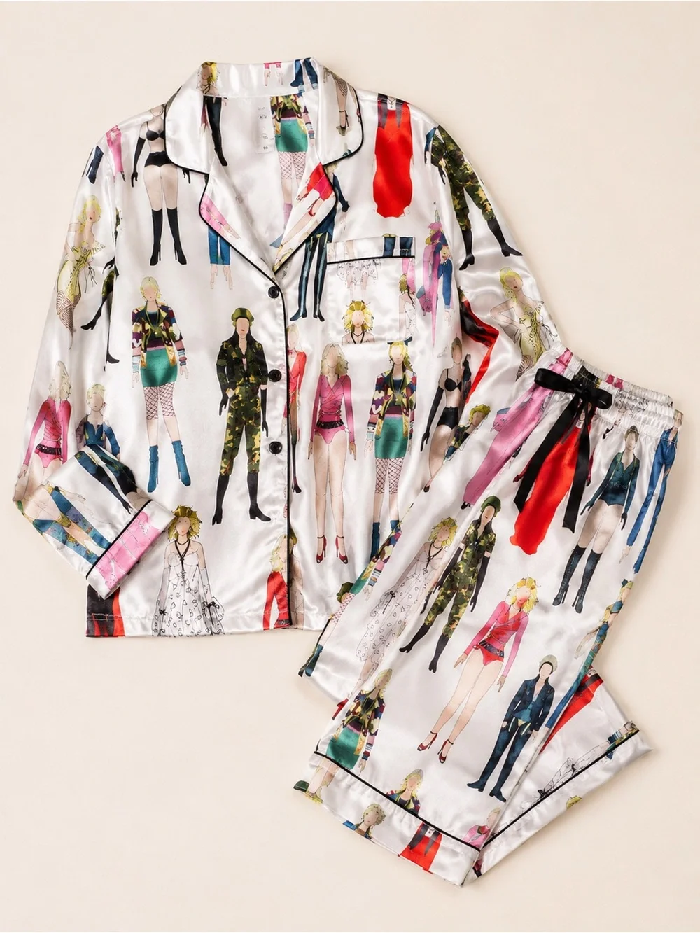 NWT Sheshow Satin Fashion Illustration Pajama Set Long Sleeve Button Up Lounge S